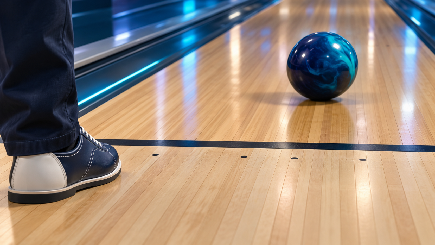 Bola de bowling cruzando la línea de falta con el jugador detenido detrás.